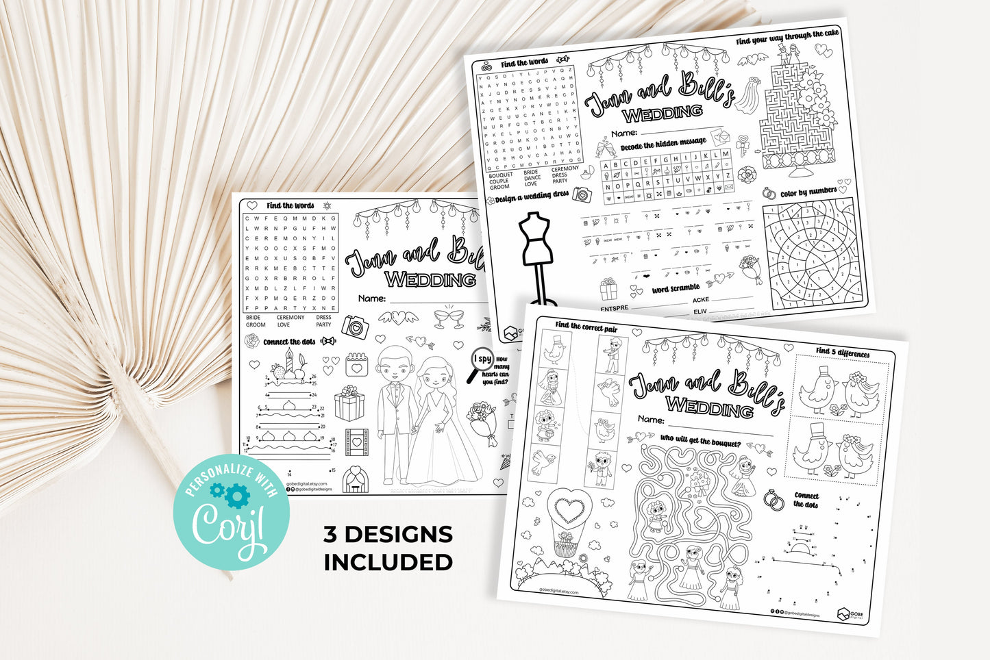 3 Personalized Wedding Activity Sheets Placemats (includes 3 different designs)