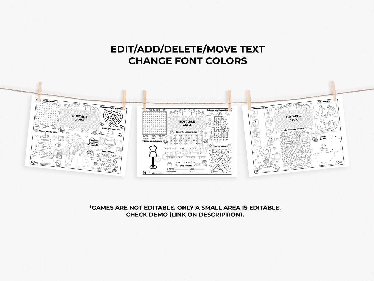3 Personalized Wedding Activity Sheets Placemats (includes 3 different designs)