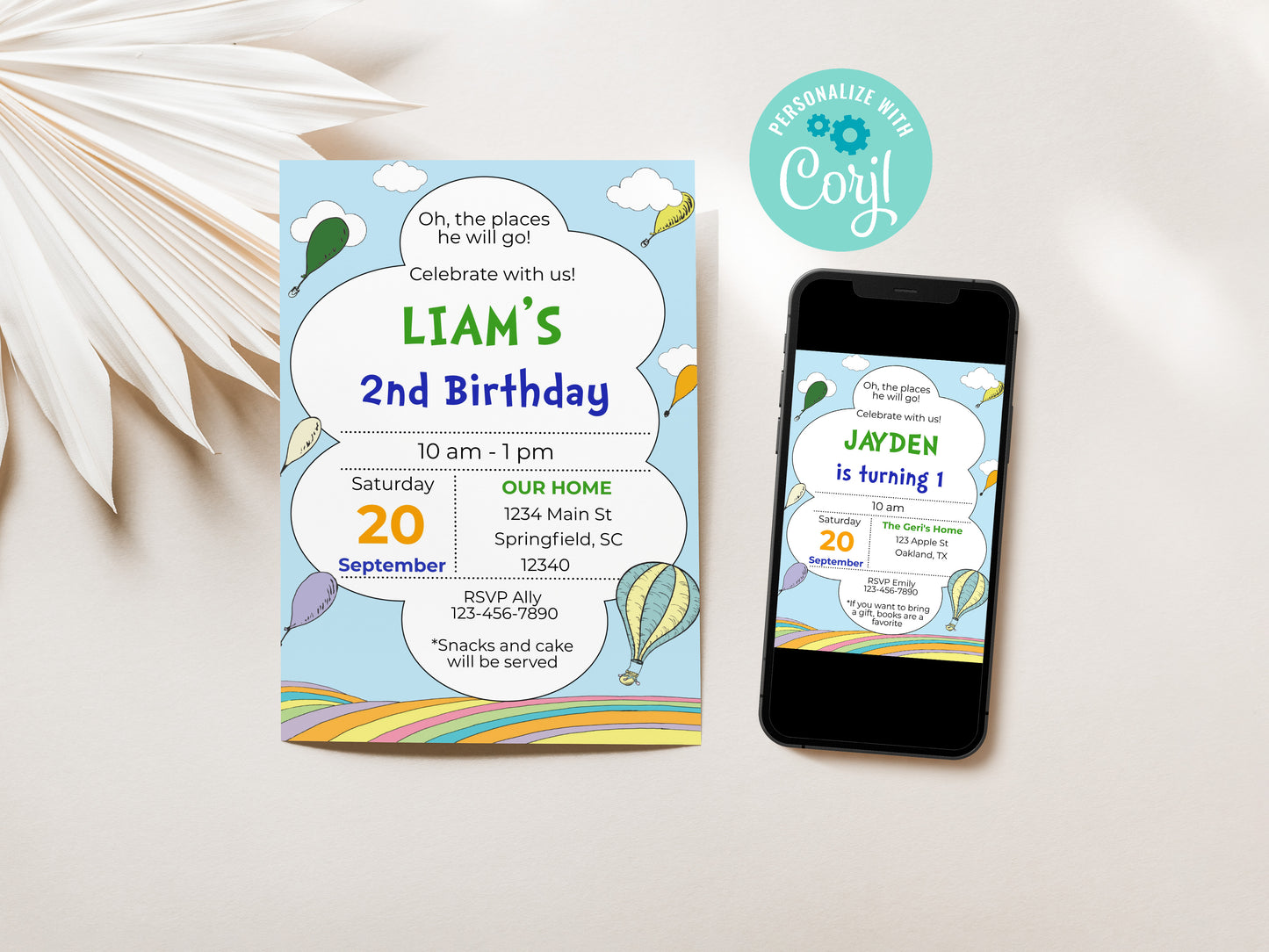 Hot Air Balloon Blue Birthday Party Invitation