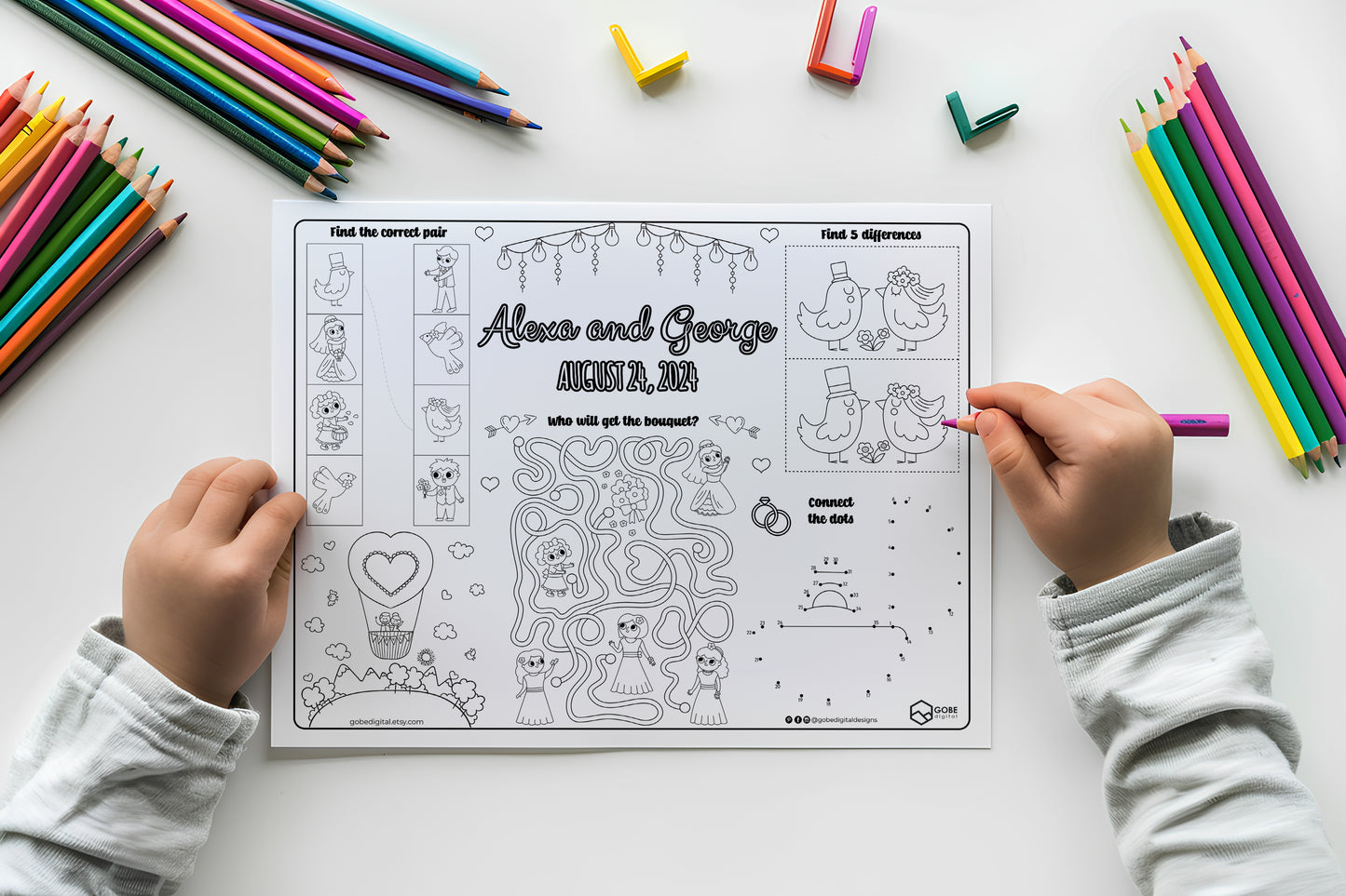 3 Personalized Wedding Activity Sheets Placemats (includes 3 different designs)