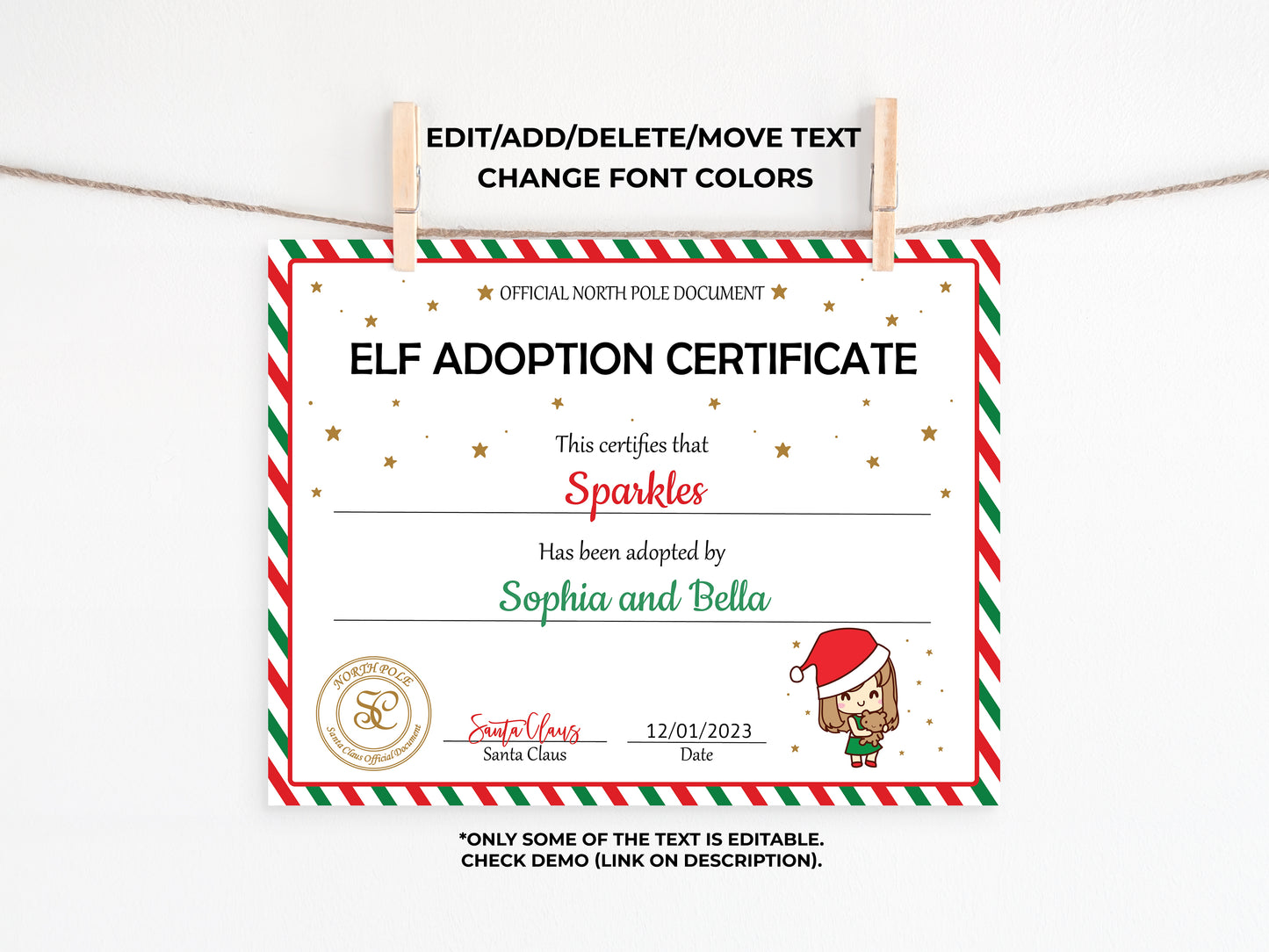 Santa's Official Elf Adoption Certificate for a girl.