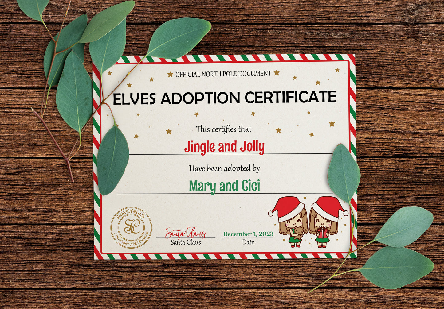 Santa's Official Elves Adoption Certificate for girls