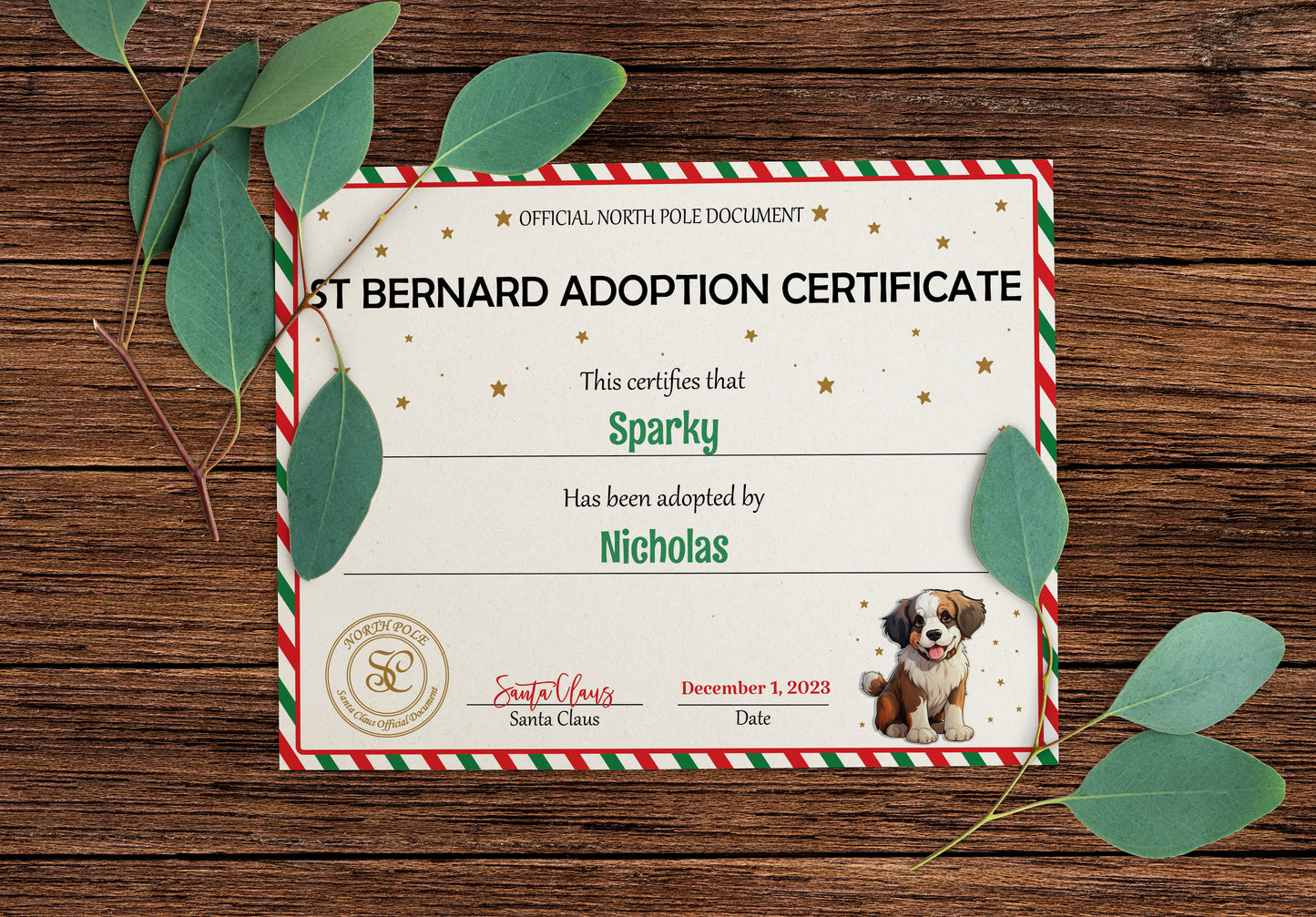 Santa's Official St Bernard Adoption Certificate