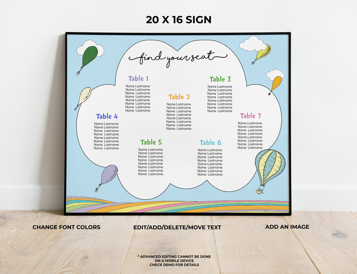 Hot Air Balloon Seating Chart 20 x 16 inches