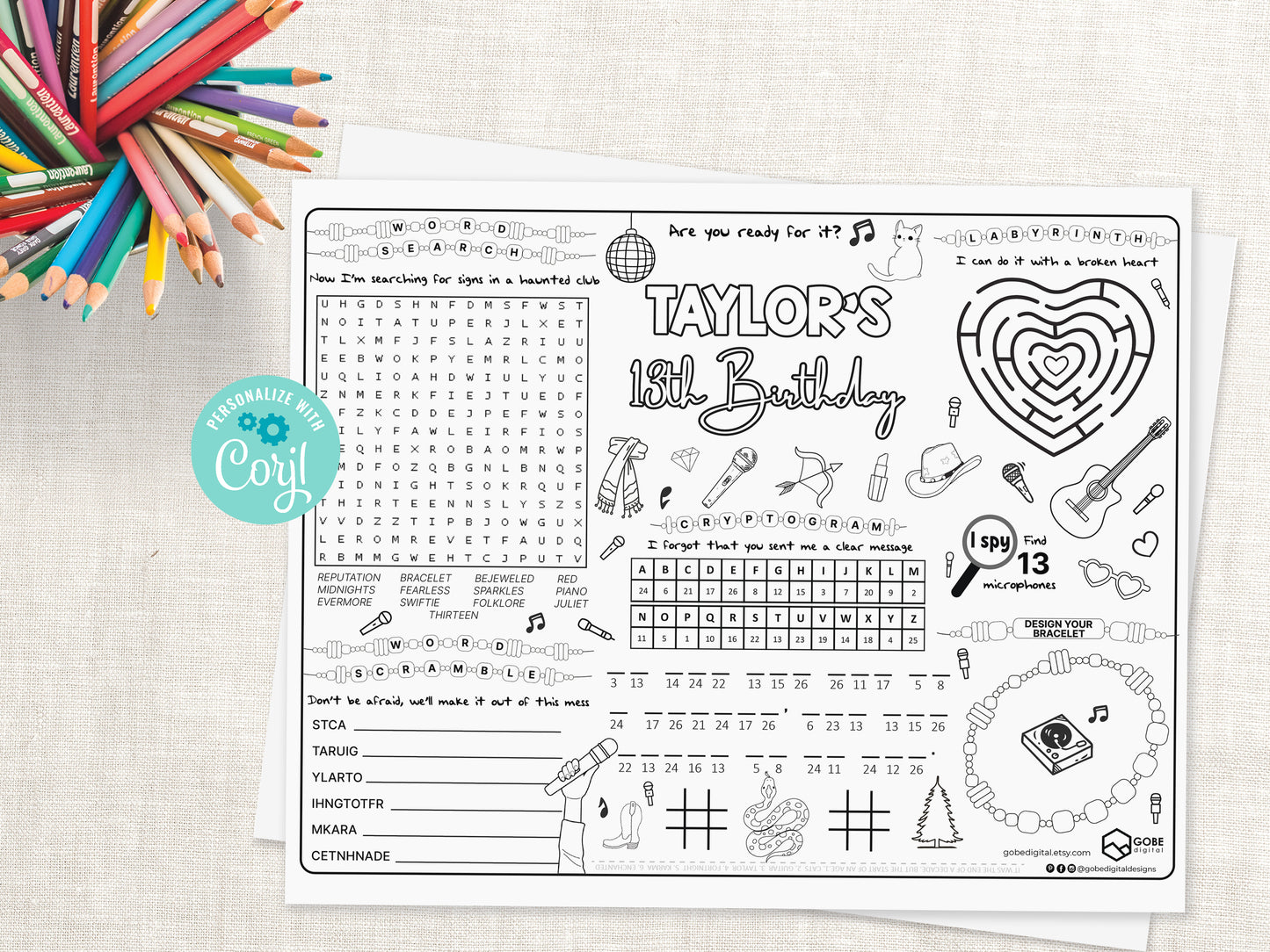 Taylor Swift inspired Activity Sheet Placemat.