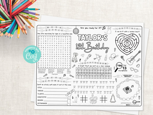 Taylor Swift inspired Activity Sheet Placemat.