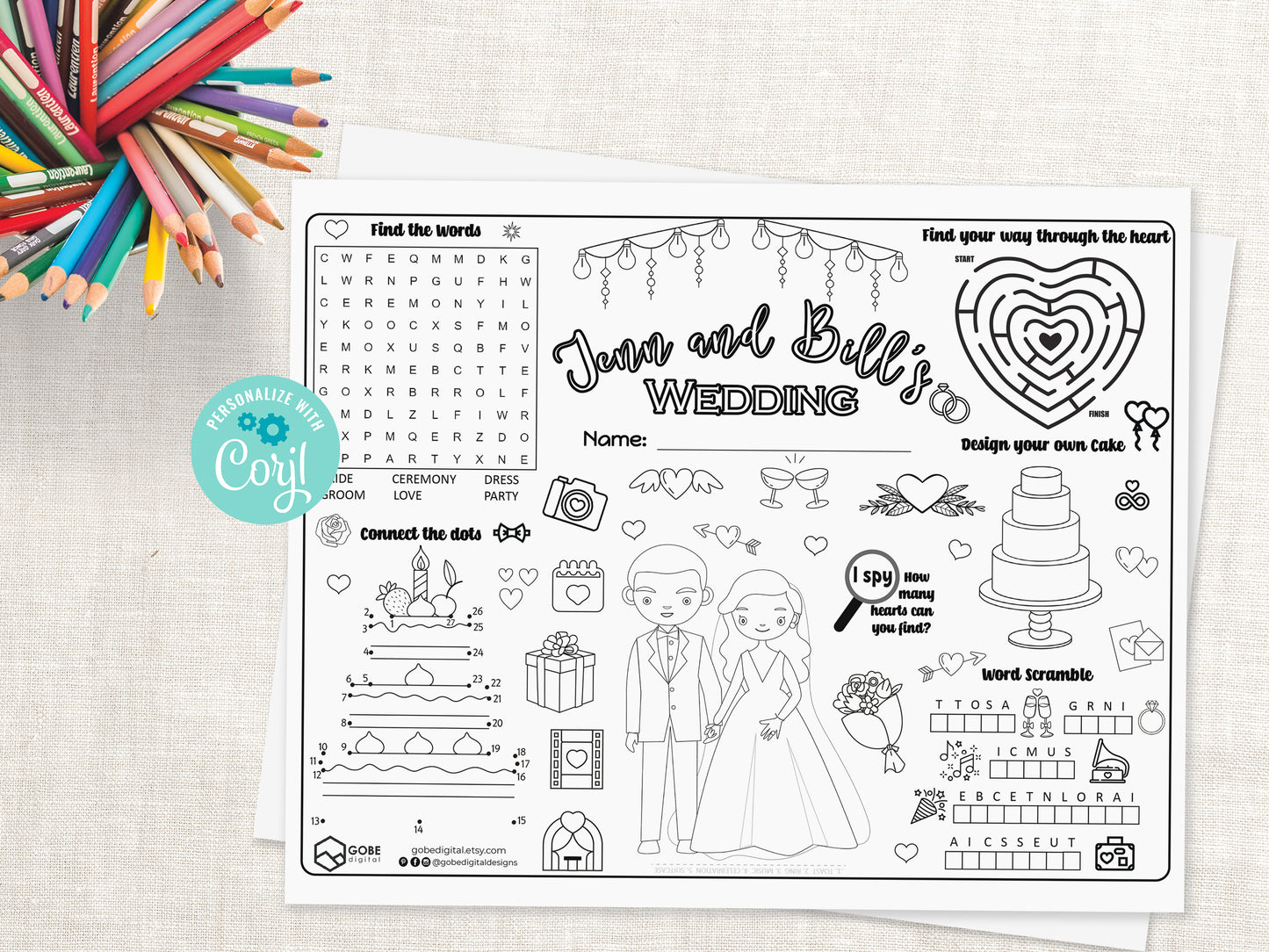 Personalized Wedding Activity Sheet Placemat - Version 1