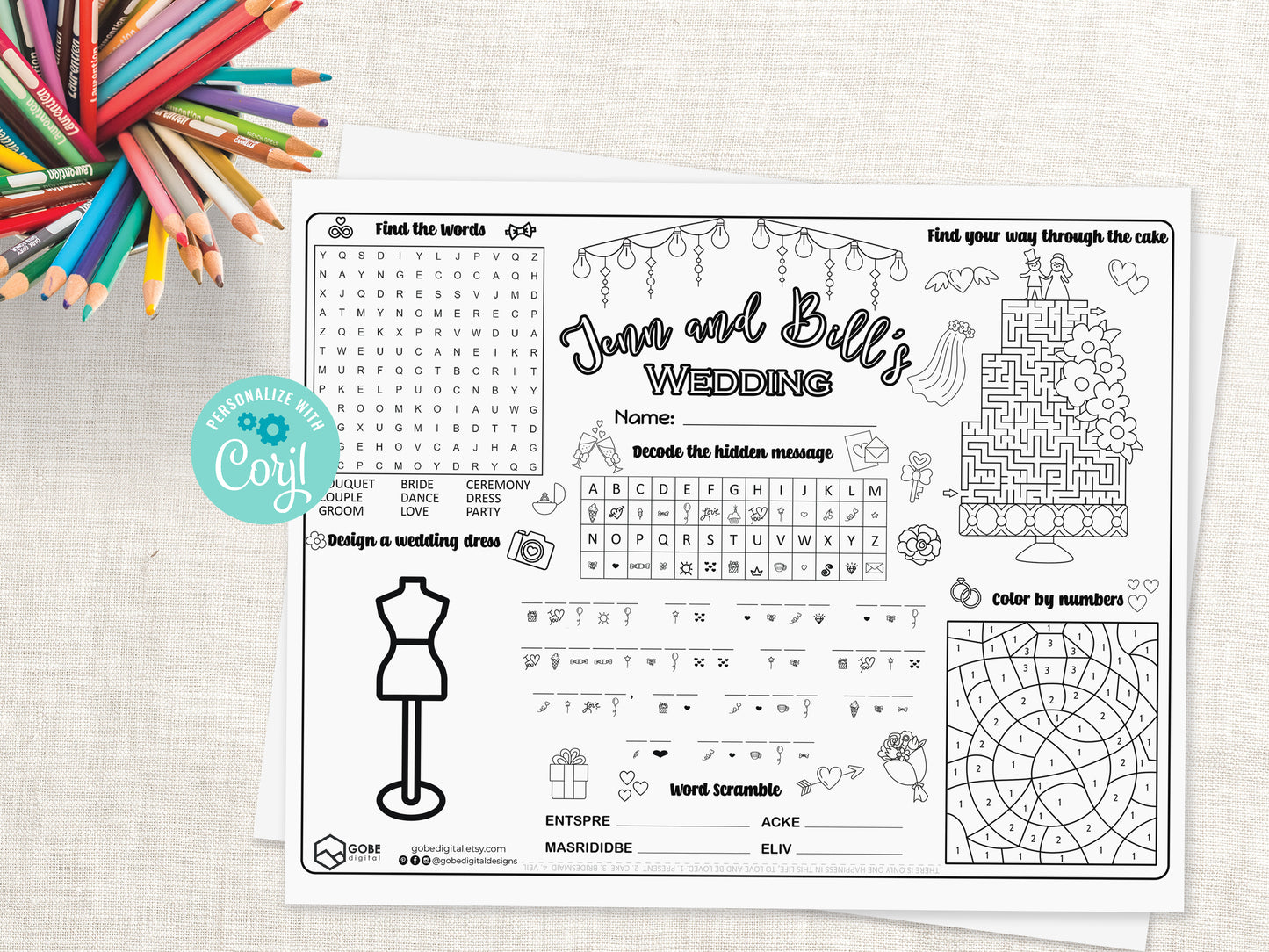 Personalized Wedding Activity Sheet Placemat - Version 2