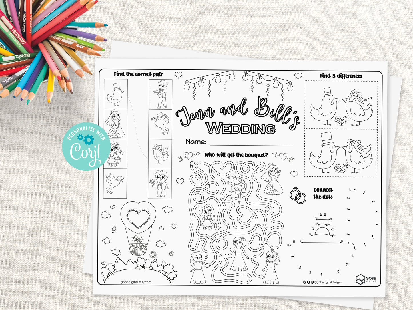Personalized Wedding Activity Sheet Placemat - Version 3