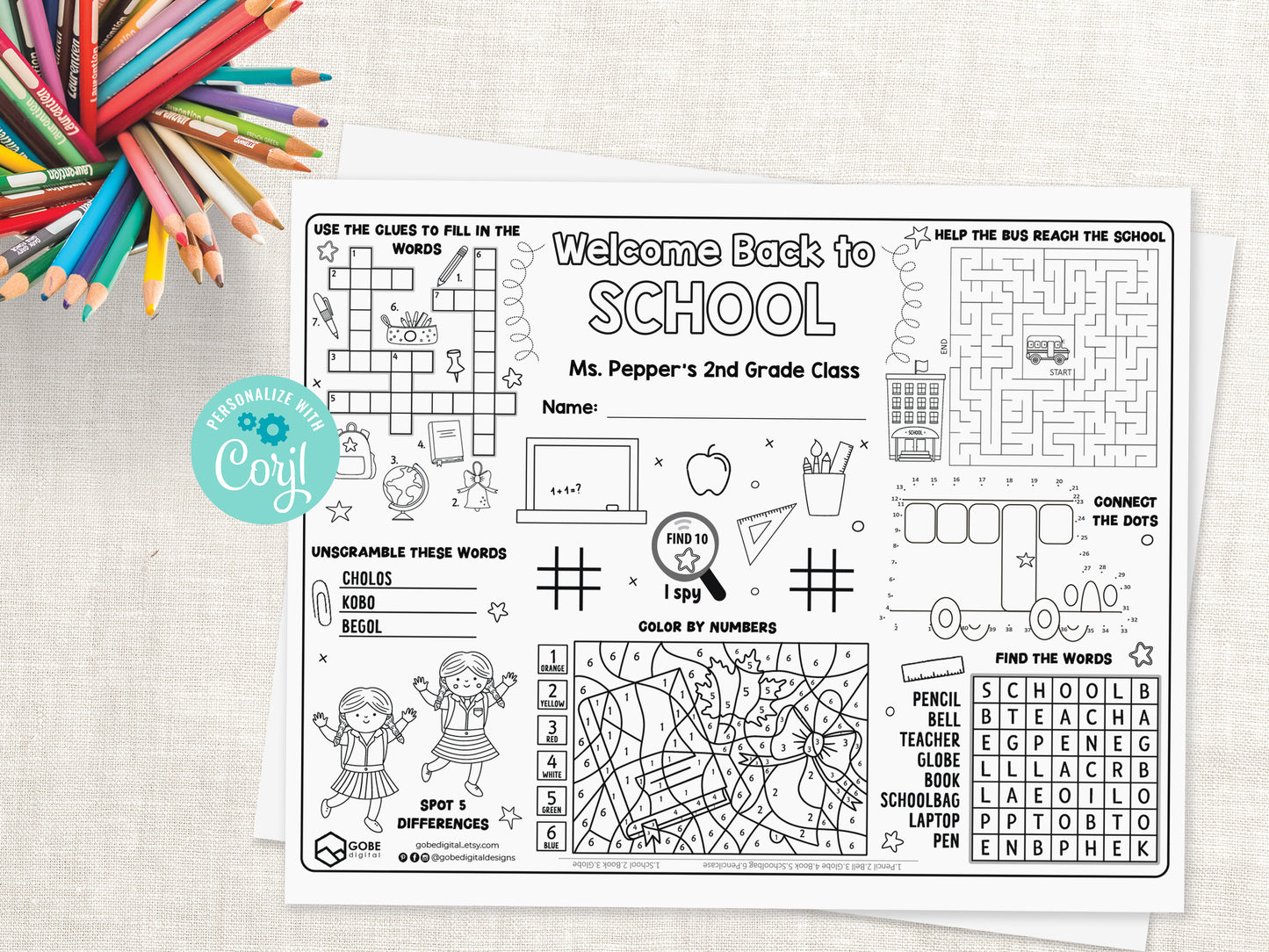 Back to School Activity Sheet. First Day of School Placemat.