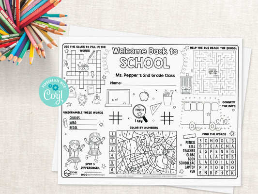 Back to School Activity Sheet. First Day of School Placemat.