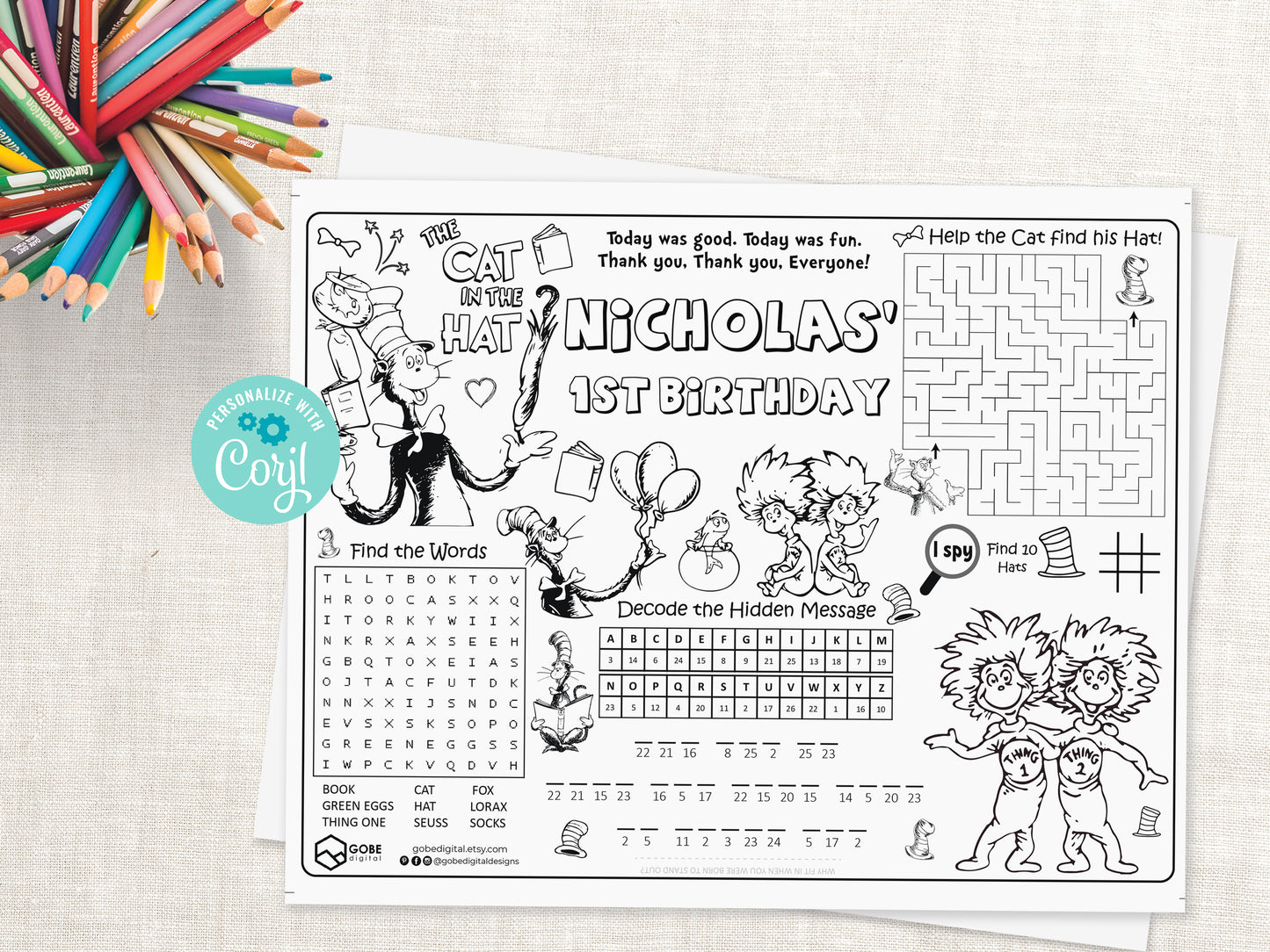 Cat Hat Things Activity Sheet Placemat