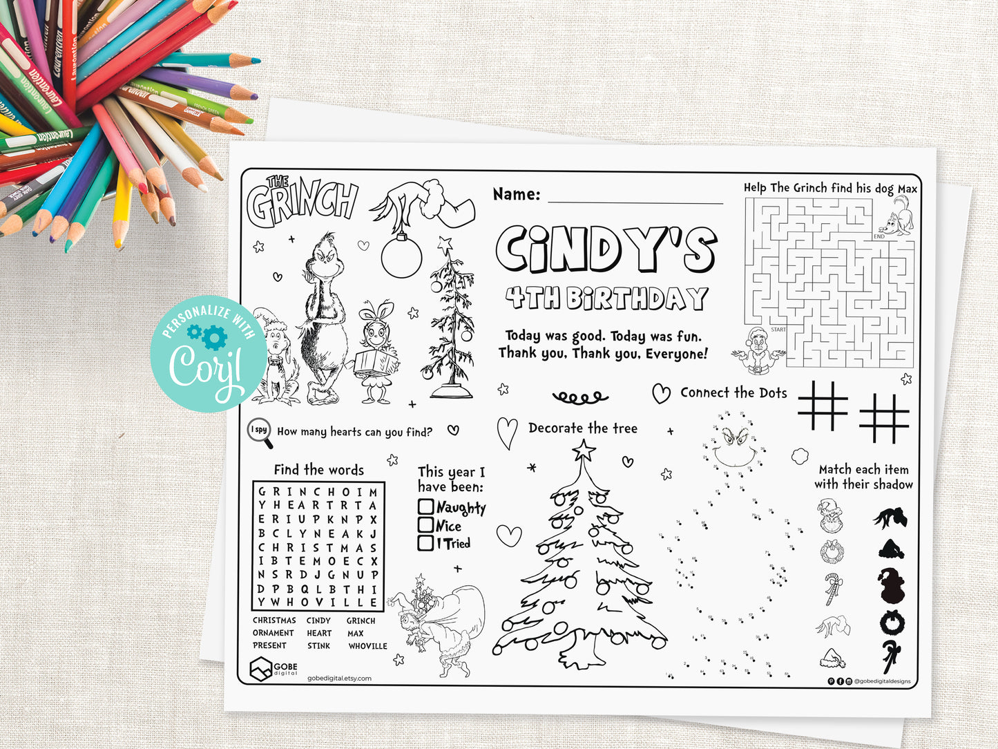 Merry Grinchmas Activity Sheet Placemat.