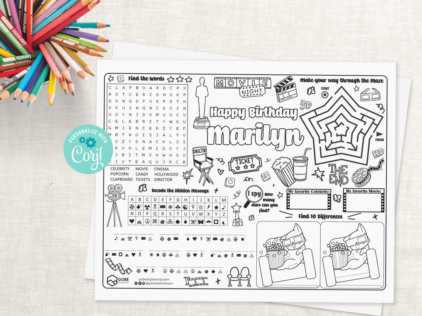 Hollywood Movie Night Activity Sheet Placemat.