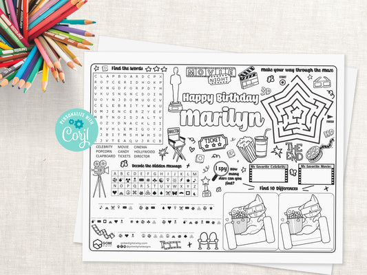 Hollywood Movie Night Activity Sheet Placemat.