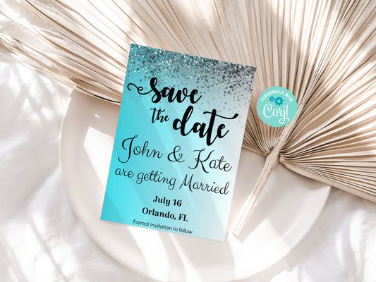 Save the Date Aqua Invitation for Quinceañera, Sweet 16, Wedding, Birthday