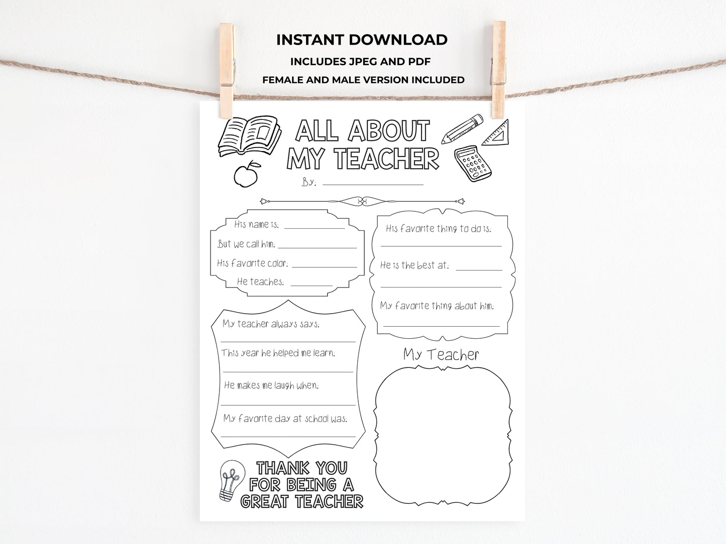 All About my Teacher Printable