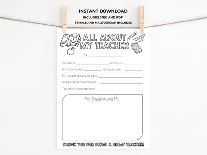 All About my Teacher Printable