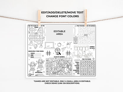 Back to School Activity Sheet. First Day of School Placemat.