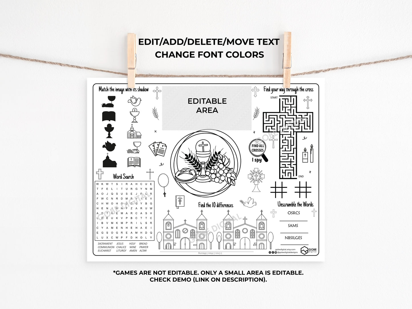First Communion Activity Sheet Placemat.