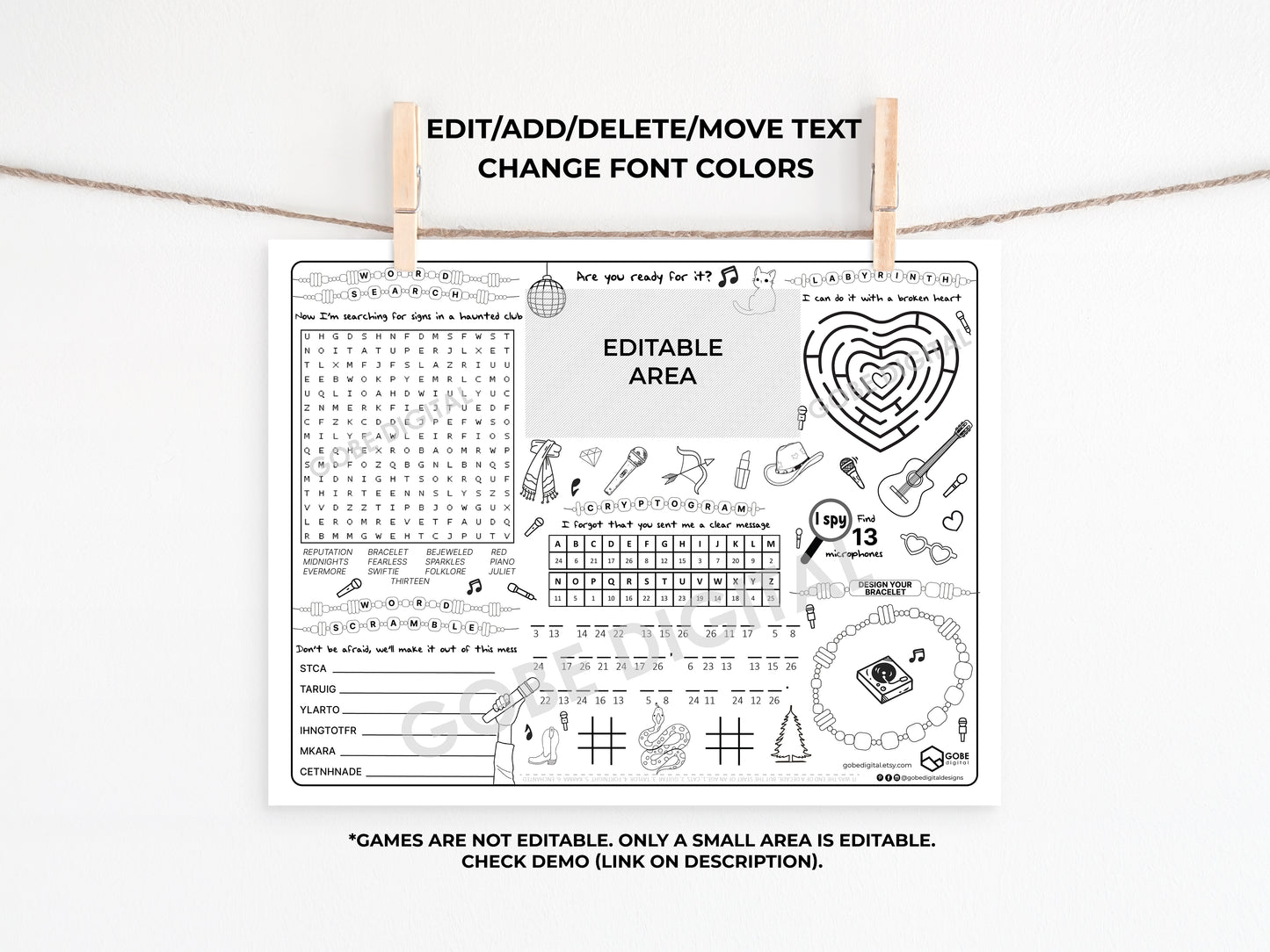 Taylor Swift inspired Activity Sheet Placemat.