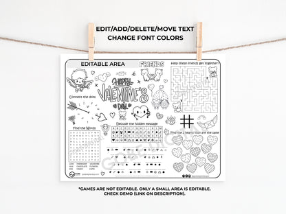 Valentines Day Activity Sheet Placemat.