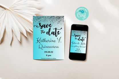 Save the Date Aqua Invitation for Quinceañera, Sweet 16, Wedding, Birthday
