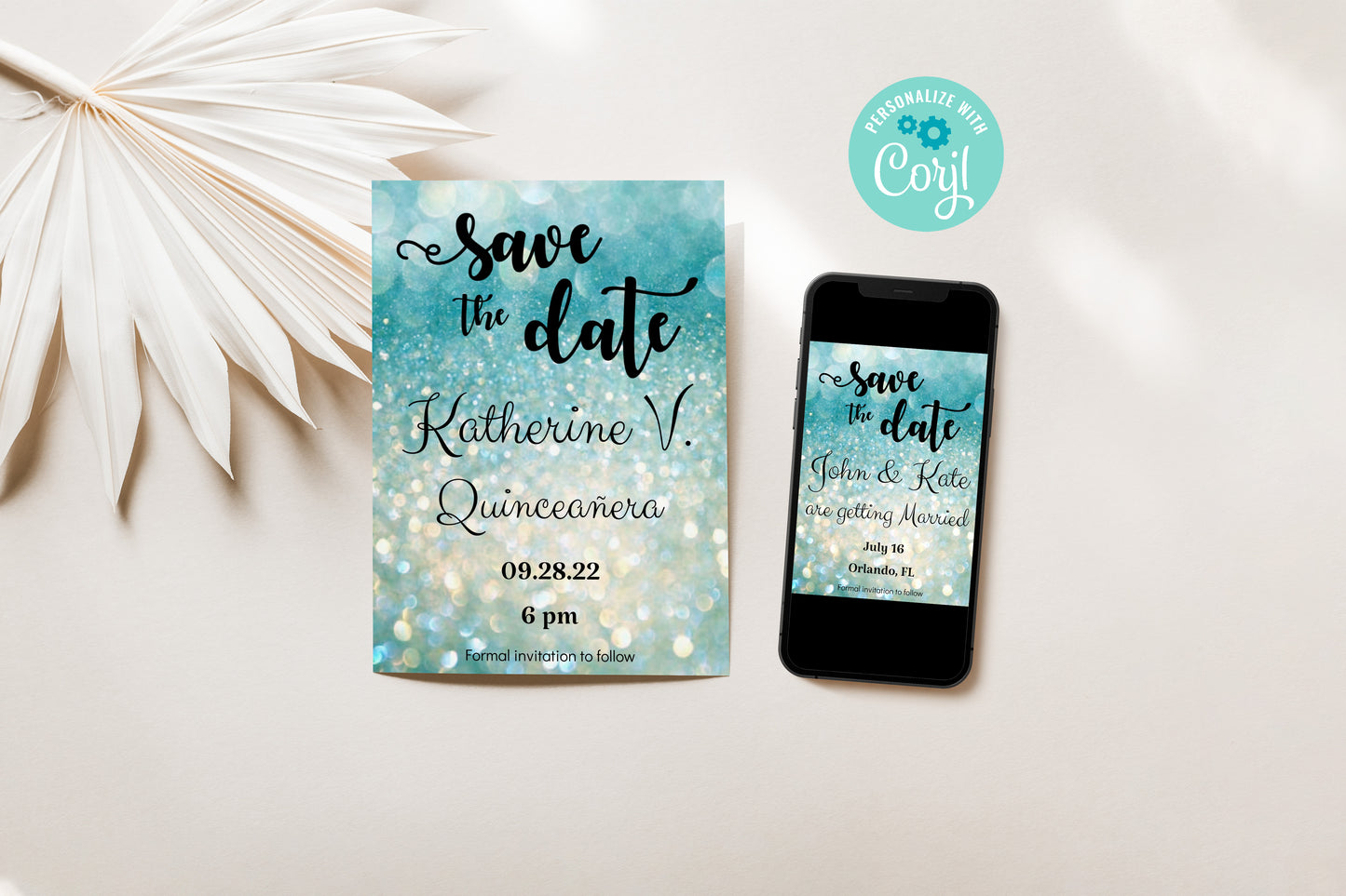 Save the Date Teal Invitation for Quinceañera, Sweet 16, Wedding, Birthday