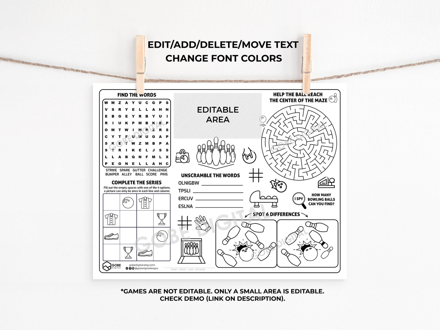 Bowling Activity Sheet Placemat