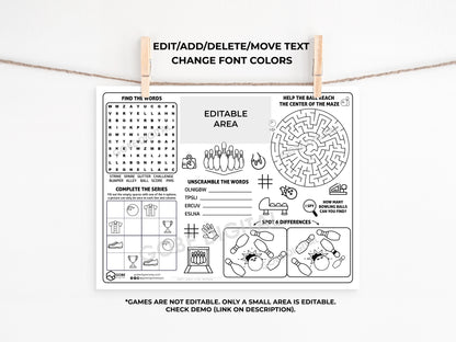Bowling Activity Sheet Placemat