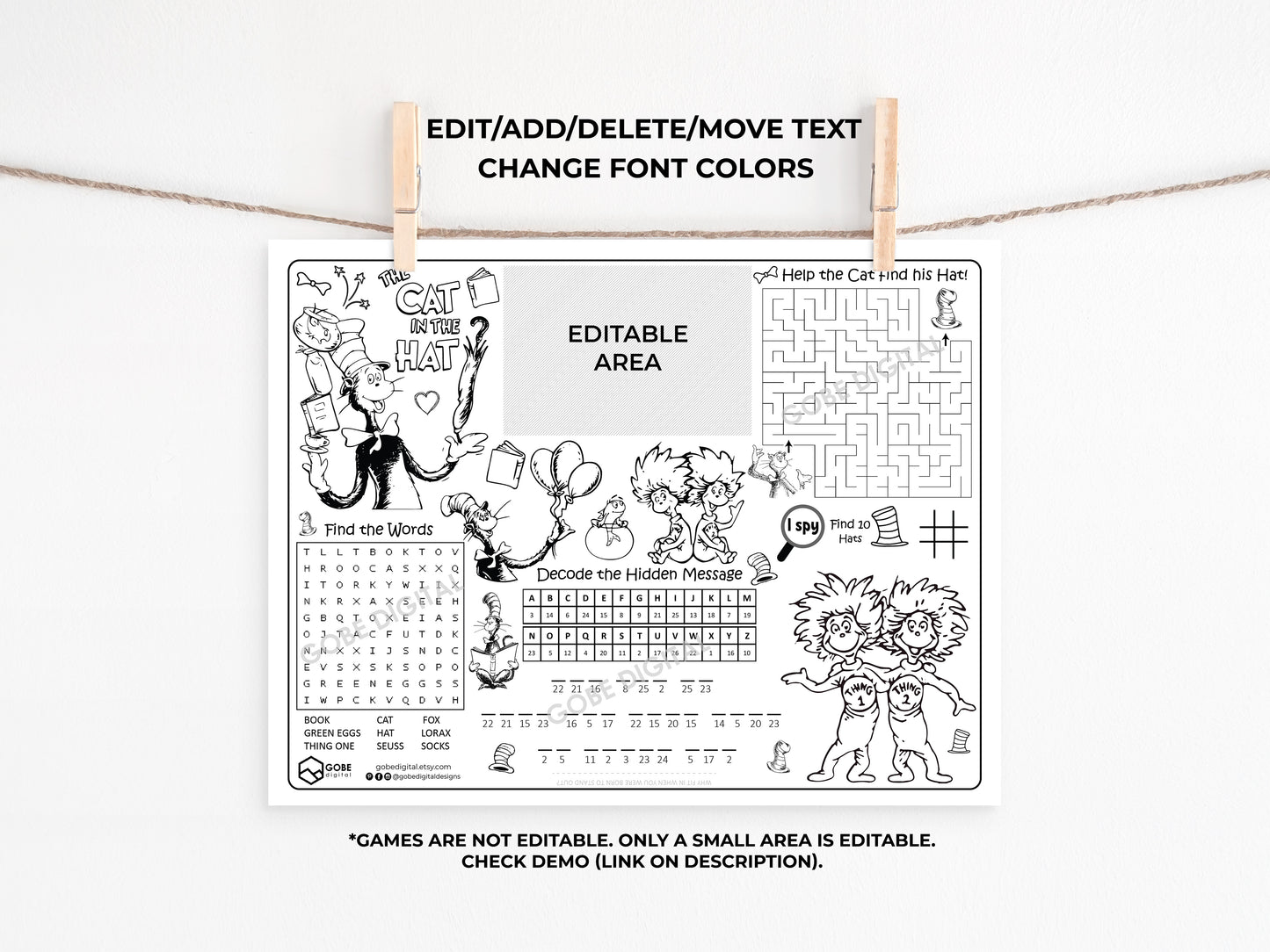 Cat Hat Things Activity Sheet Placemat