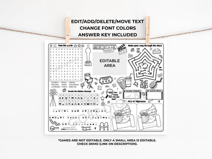 Hollywood Movie Night Activity Sheet Placemat.