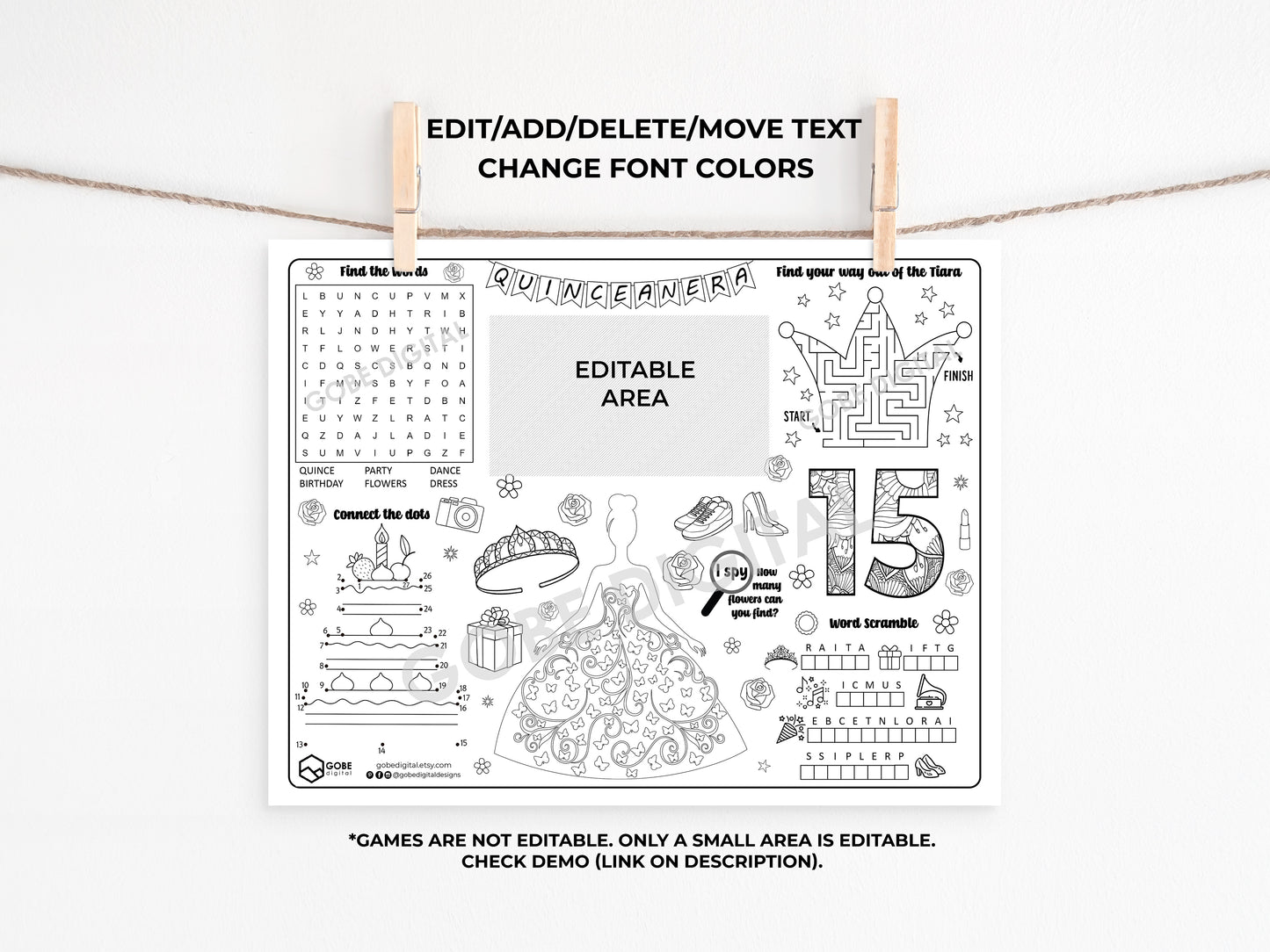 Quinceanera Activity Sheet Placemat