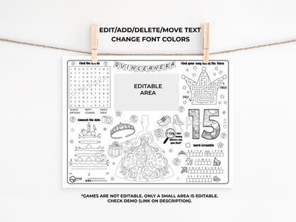 Quinceanera Activity Sheet Placemat