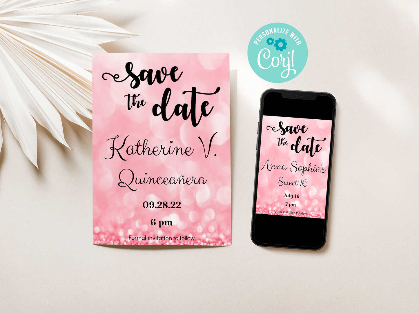 Save the Date Pink Glitter Invitation for Quinceañera, Sweet 16, Wedding, Birthday