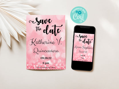 Save the Date Pink Glitter Invitation for Quinceañera, Sweet 16, Wedding, Birthday
