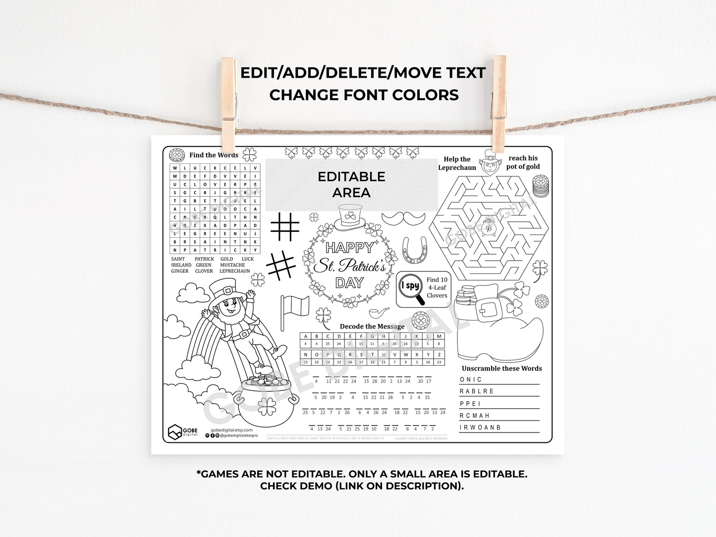 Saint Patrick's Day Activity Sheet Placemat.