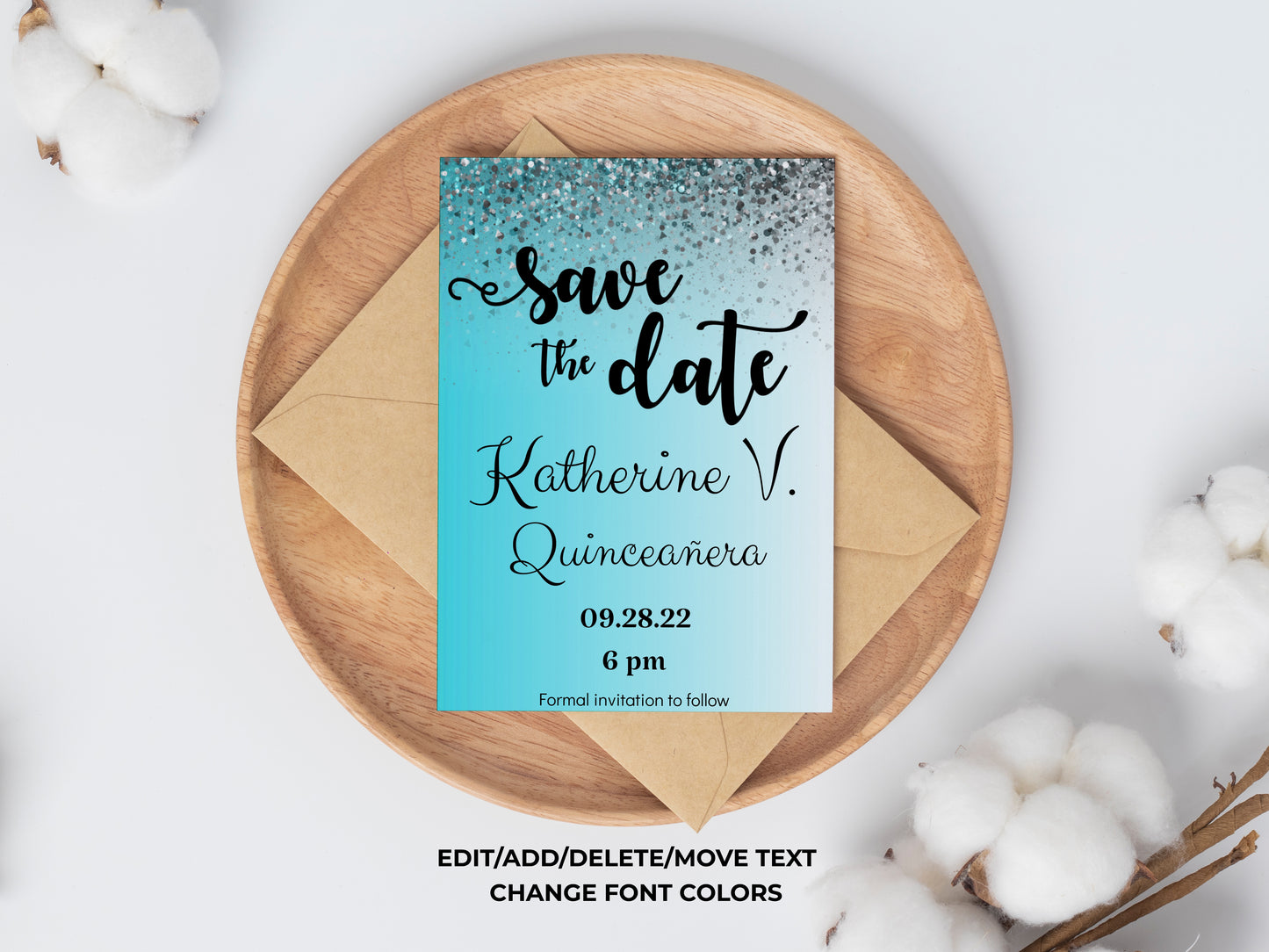 Save the Date Aqua Invitation for Quinceañera, Sweet 16, Wedding, Birthday