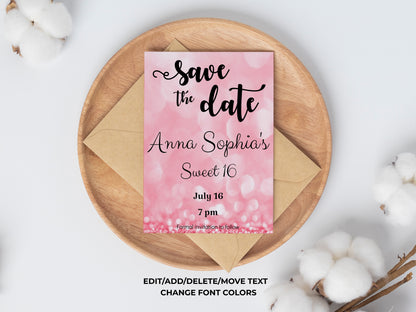 Save the Date Pink Glitter Invitation for Quinceañera, Sweet 16, Wedding, Birthday