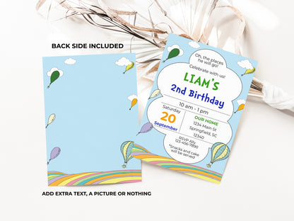 Hot Air Balloon Blue Birthday Party Invitation