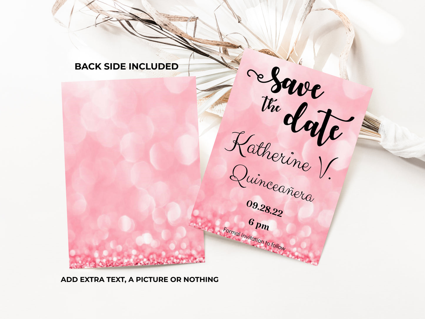 Save the Date Pink Glitter Invitation for Quinceañera, Sweet 16, Wedding, Birthday