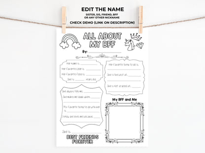 All About my Sister Printable