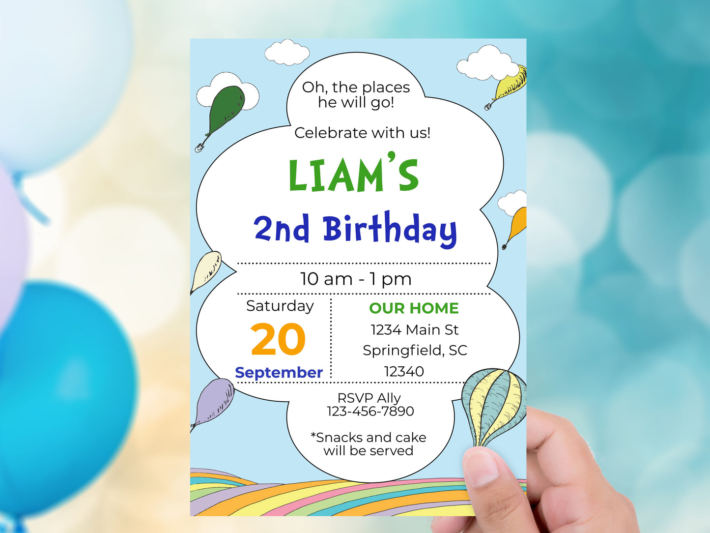 Hot Air Balloon Blue Birthday Party Invitation