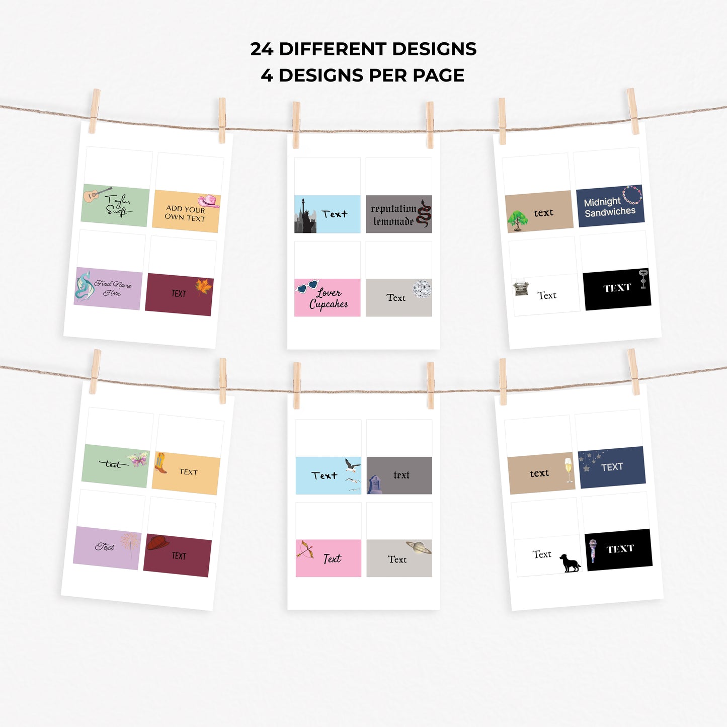 Taylor Swift inspired Food Tent Labels Placecards. 24 different designs.