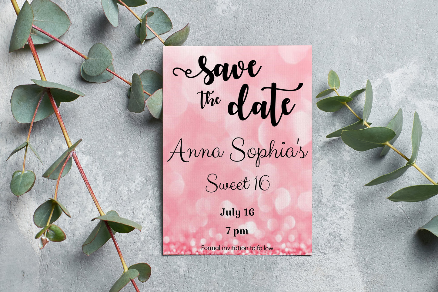 Save the Date Pink Glitter Invitation for Quinceañera, Sweet 16, Wedding, Birthday