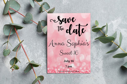 Save the Date Pink Glitter Invitation for Quinceañera, Sweet 16, Wedding, Birthday