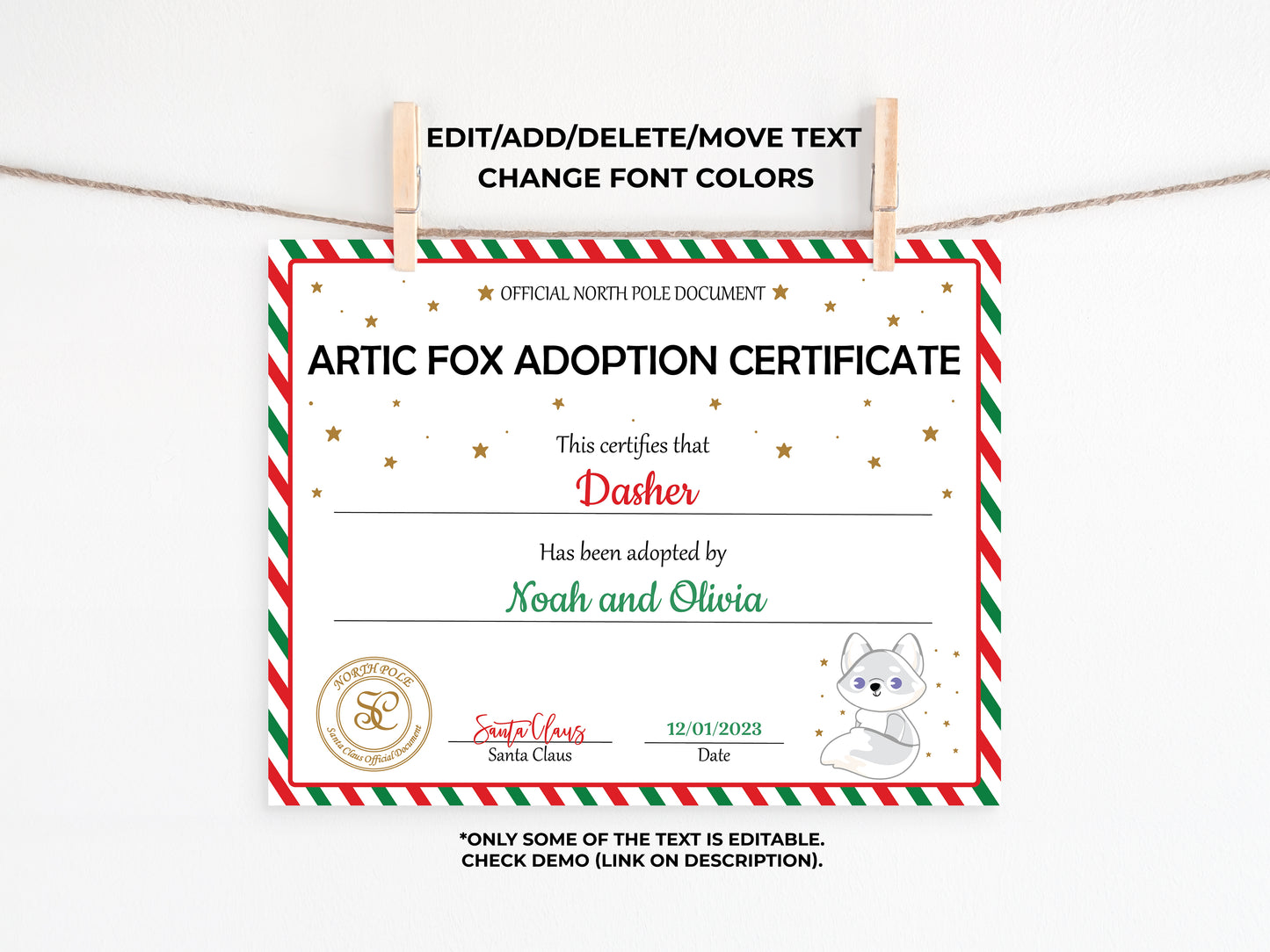 Santa's Official Artic Fox Adoption Certificate