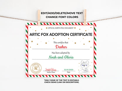 Santa's Official Artic Fox Adoption Certificate