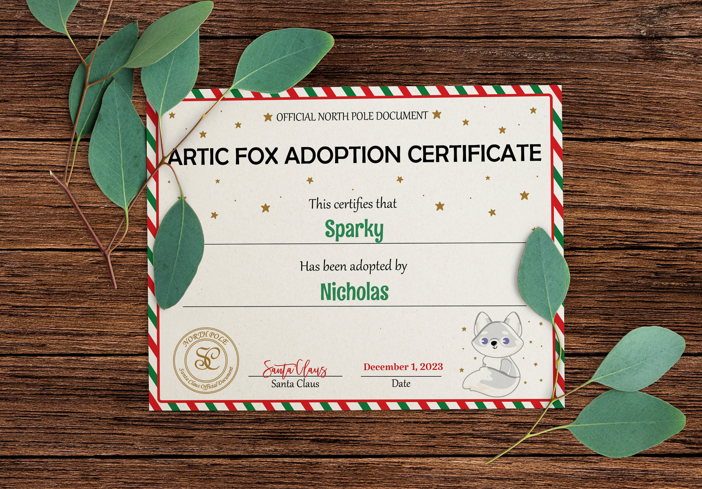 Santa's Official Artic Fox Adoption Certificate