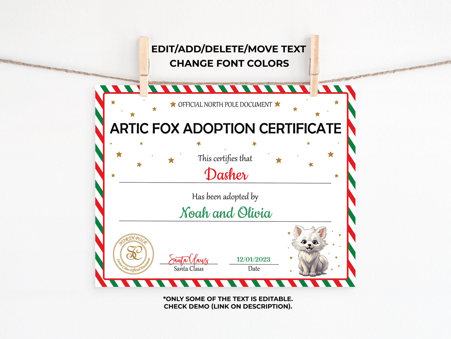 Santa's Official Artic Fox Adoption Certificate